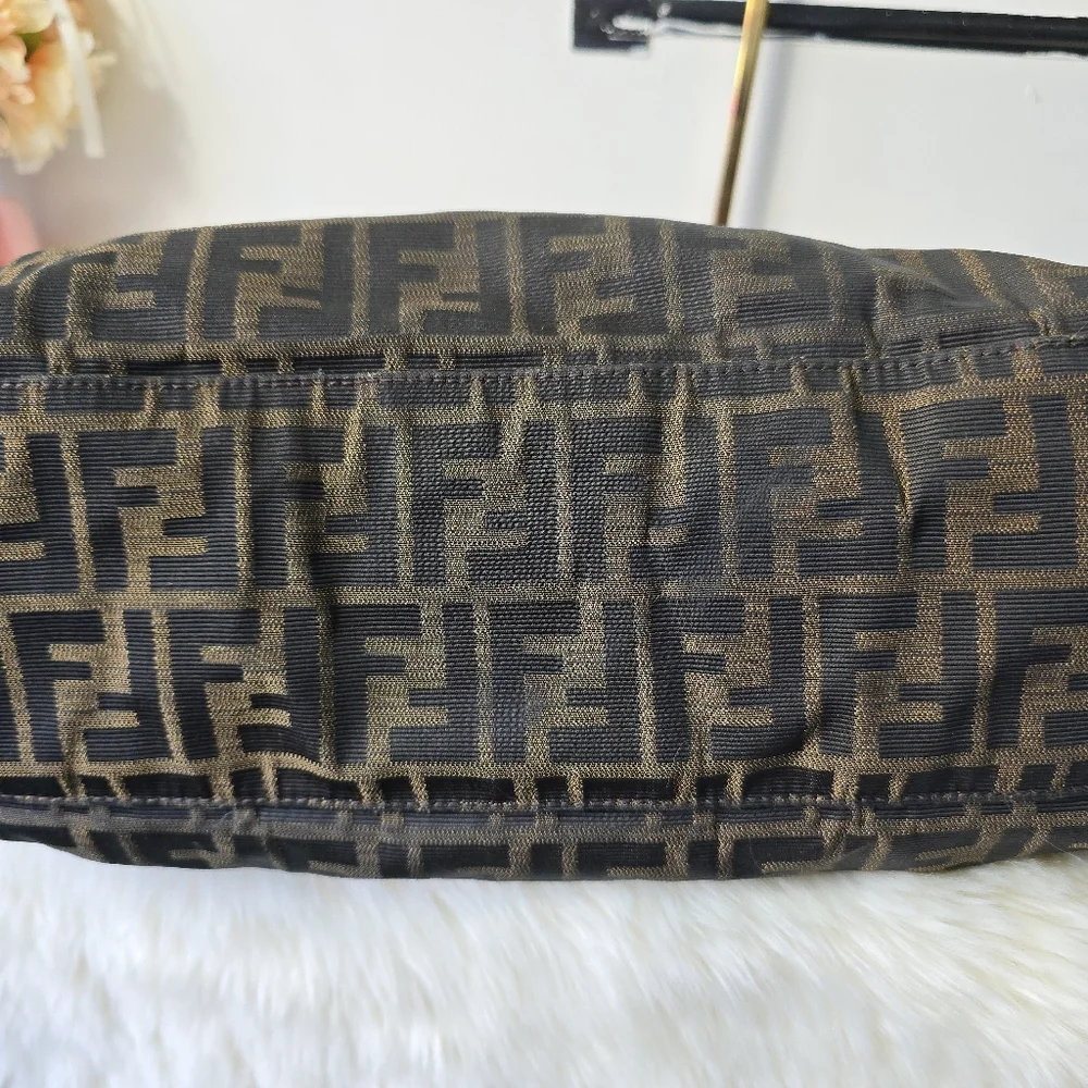 FENDI Zucca Etnico Handbag Tote Bag Nylon Canvas Leather Khaki Dark Brown - Picture 13 of 16